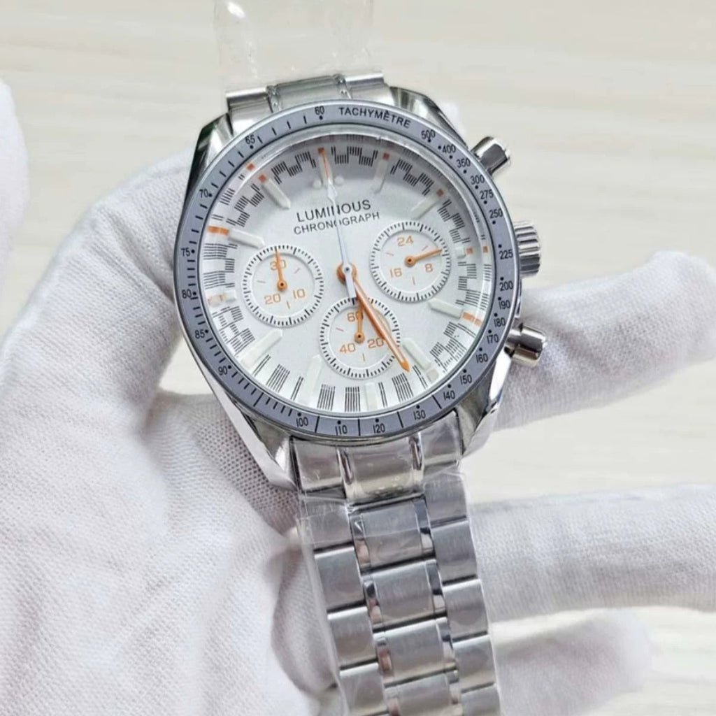 Men's 40mm Speedmaster Style Quartz Watch Steel Case VK63 Movement Mineral Glass