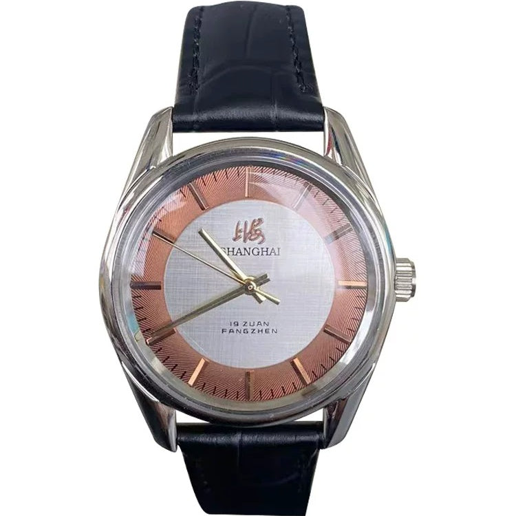 Shanghai Men's Manual Wind Mechanical Watch All Steel Genuine Leather Strap NOS