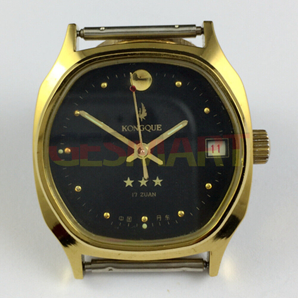 Dandong 34mm Peacock manual mechanical watch with black dial, 17 jewels, and single calendar display.