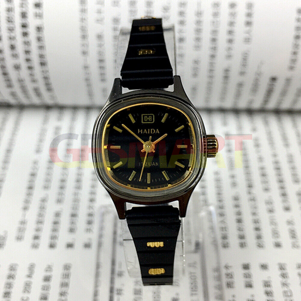 Gold HAIDA 23mm manual mechanical lady watch with black dial, 17 jewels, and 3 hands for elegant timekeeping.