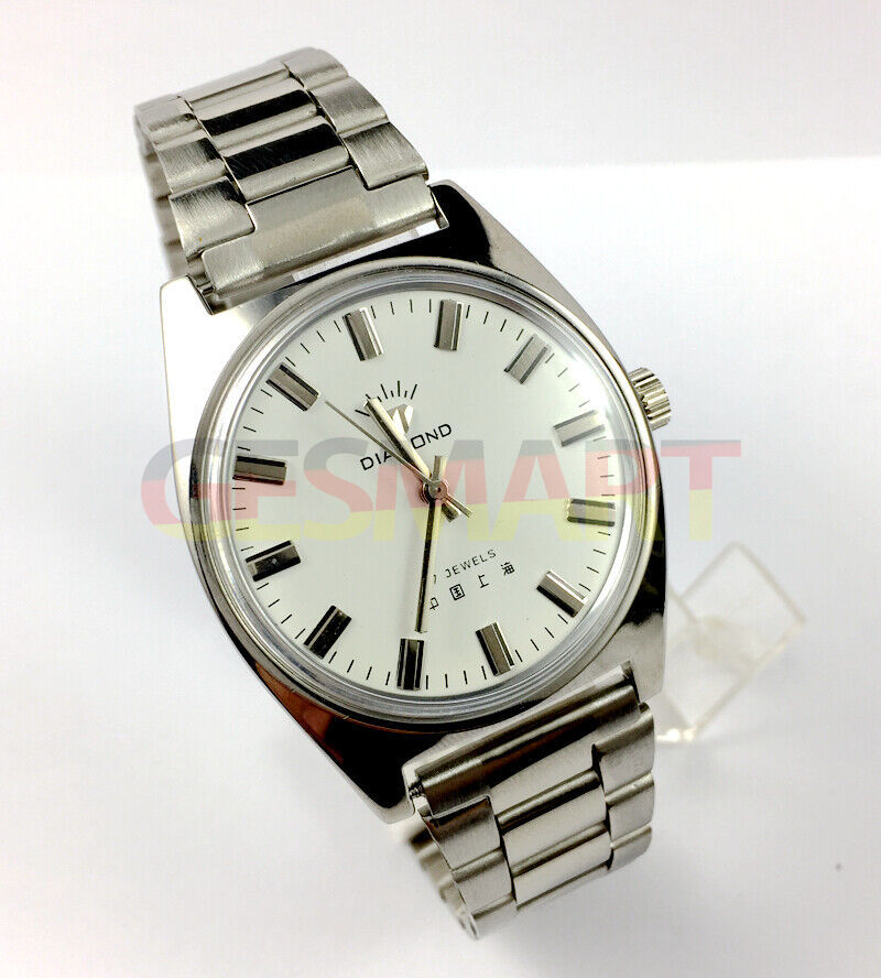 38mm SHANGHAI DIAMOND manual watch with white dial, silver case, 17 jewels, classic luxury design.