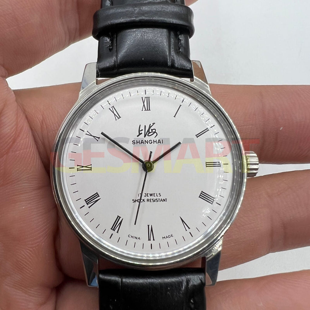 Shanghai Factory 36mm 8120 manual mechanical watch with 17 jewels and shock resistance, classic style.