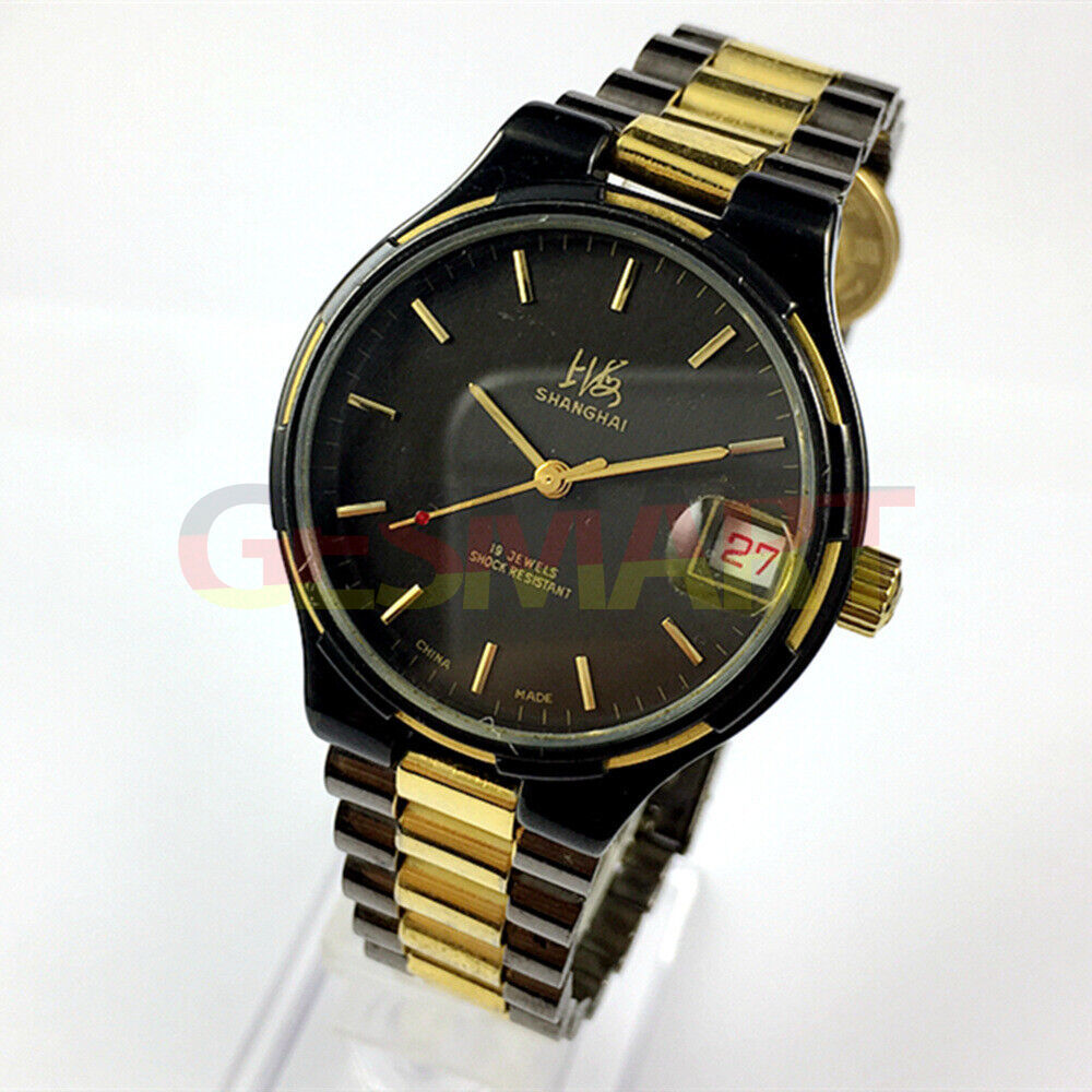 37mm Shanghai Factory black manual mechanical watch featuring 19 jewels and shock-resistant durability.