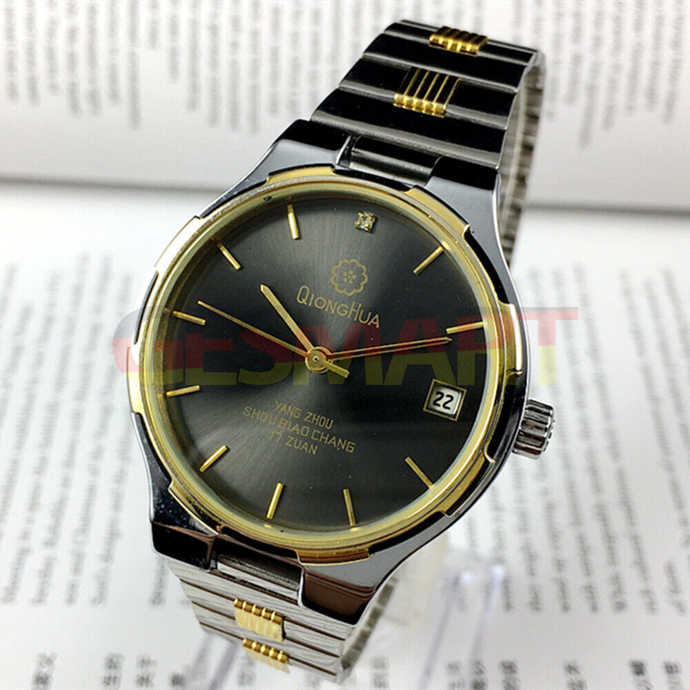 Qionghua 37mm steel manual watch, black dial, single calendar, 17 jewels, classic timepiece design.