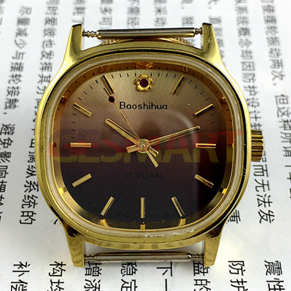 Shanghai Manual Mechanical Watch with golden nail hour markers, square case, and gradient brown dial for elegant style.