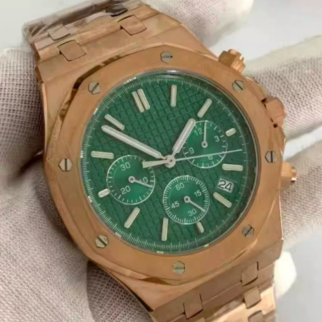 No Logo Rose Gold Men's 41mm Octagonal Quartz Chronograph Steel VK63 Movement