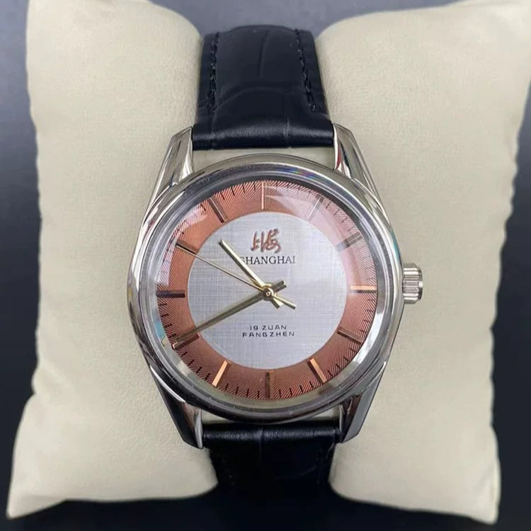 Shanghai Men's Manual Wind Mechanical Watch All Steel Genuine Leather Strap NOS